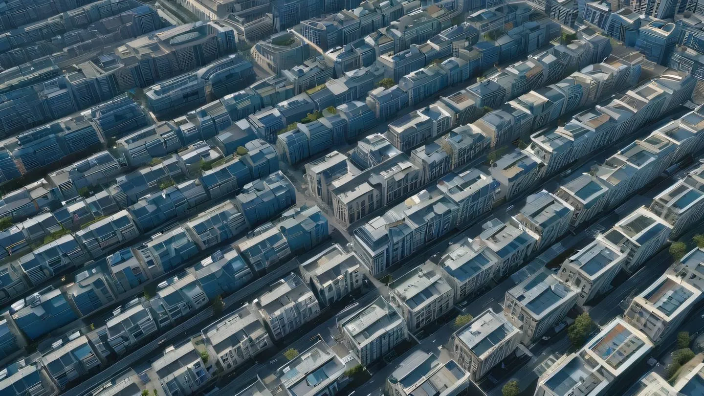 Bird's eye view of geometric city blocks with modern architecture bright stone blue buildings with creamy accent highlights natural shadows casting intricate patterns shot from aerial perspective high-quality ultra-realistic cinematic 8K UHD high resolution sharp and detail