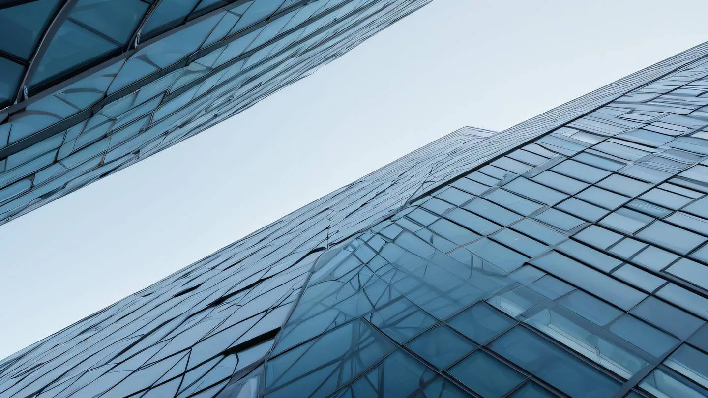 Modern architectural structure with clean sharp lines and geometric patterns featuring glass and steel elements in cool blue and silver tones photographed from a low angle perspective looking upward high-quality ultra-realistic cinematic 8K UHD high resolution sharp and detail