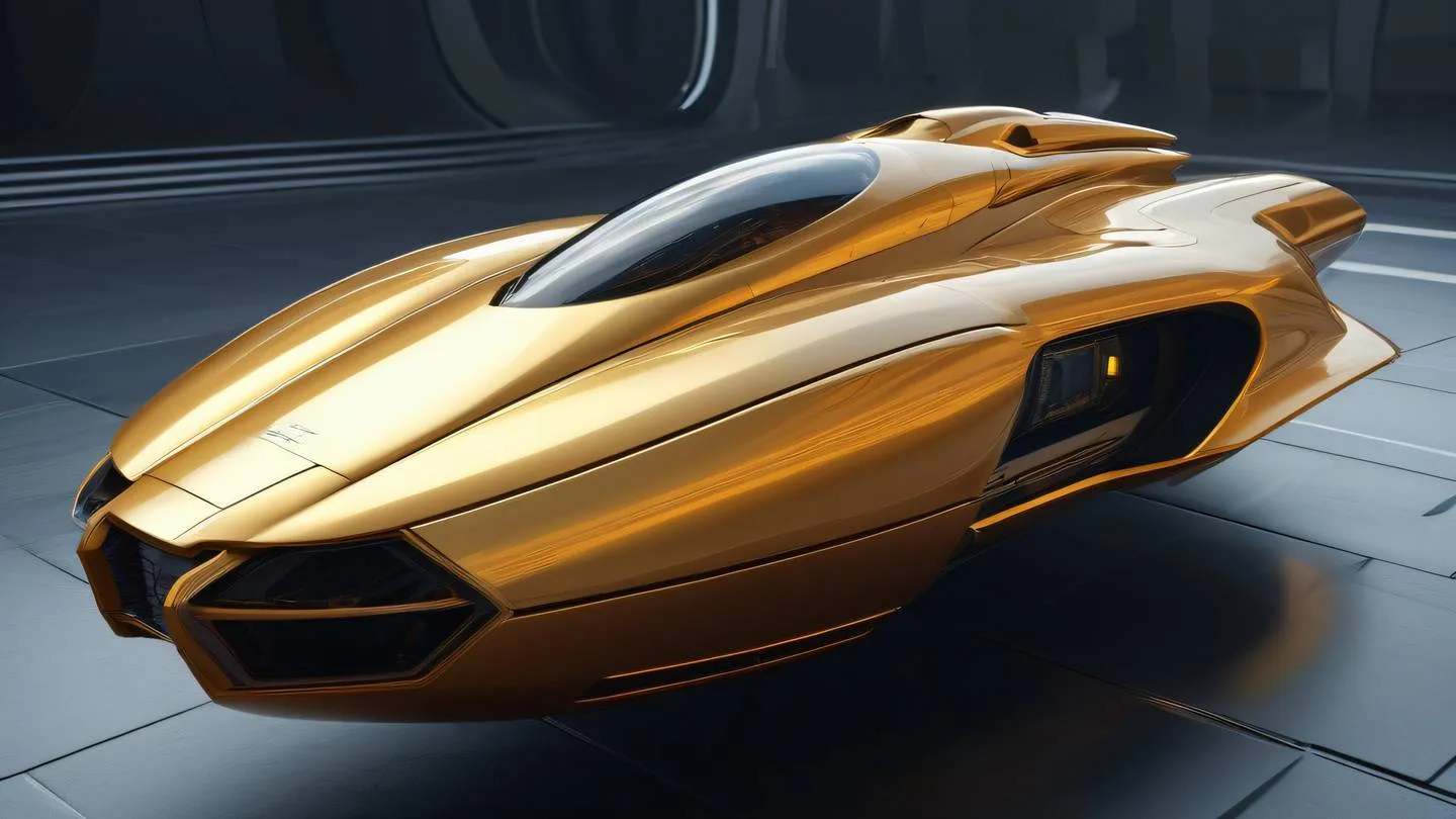 Amber and golden colored futuristic spaceship exterior with smooth curves and metallic surfaces captured from a three-quarter view angle clean minimalistic design high-quality ultra-realistic cinematic 8K UHD high resolution sharp and detail