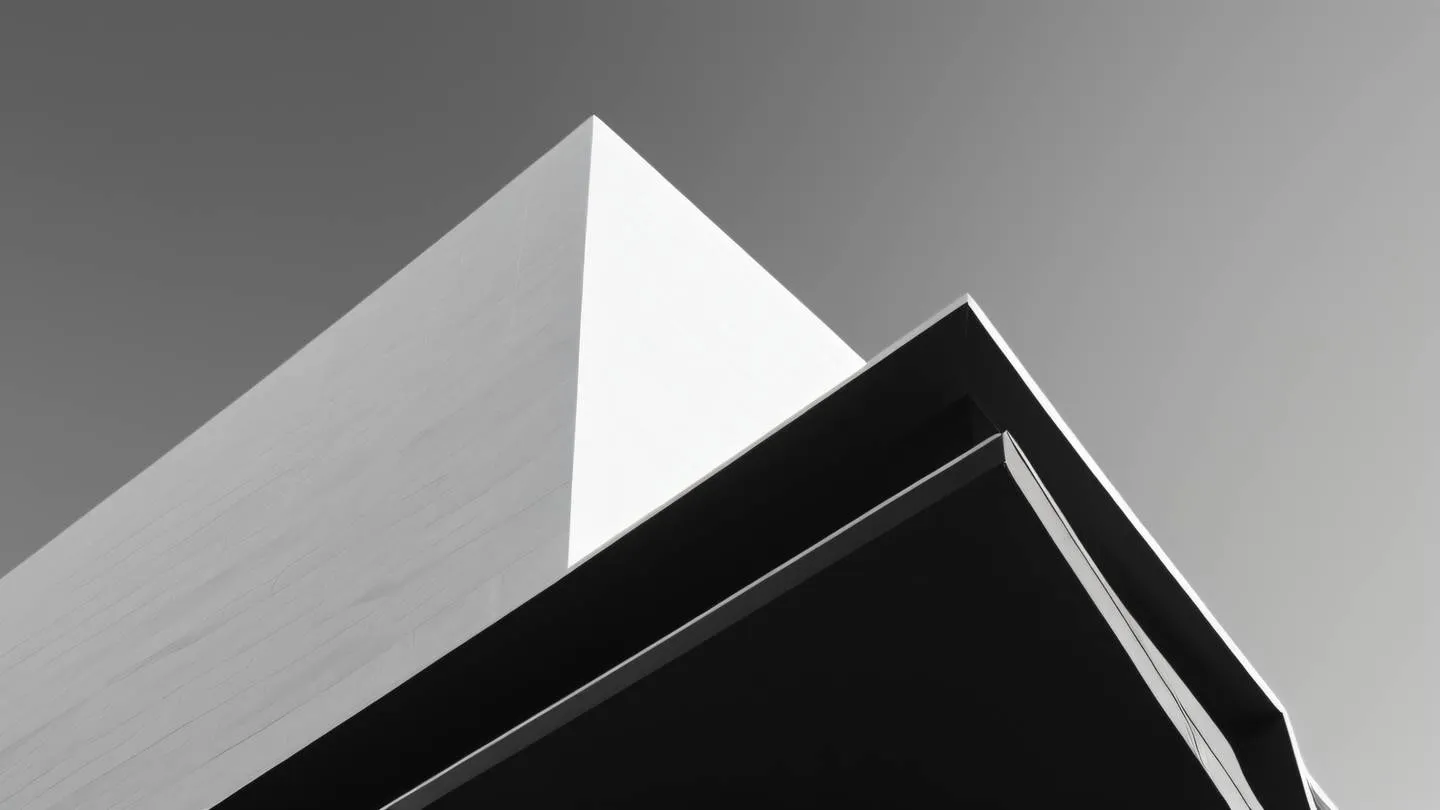 Black and white abstract architectural elements with strong geometric shapes and sharp contrasts photographed from a diagonal perspective featuring clean lines and modern materials high-quality ultra-realistic cinematic 8K UHD high resolution sharp and detail