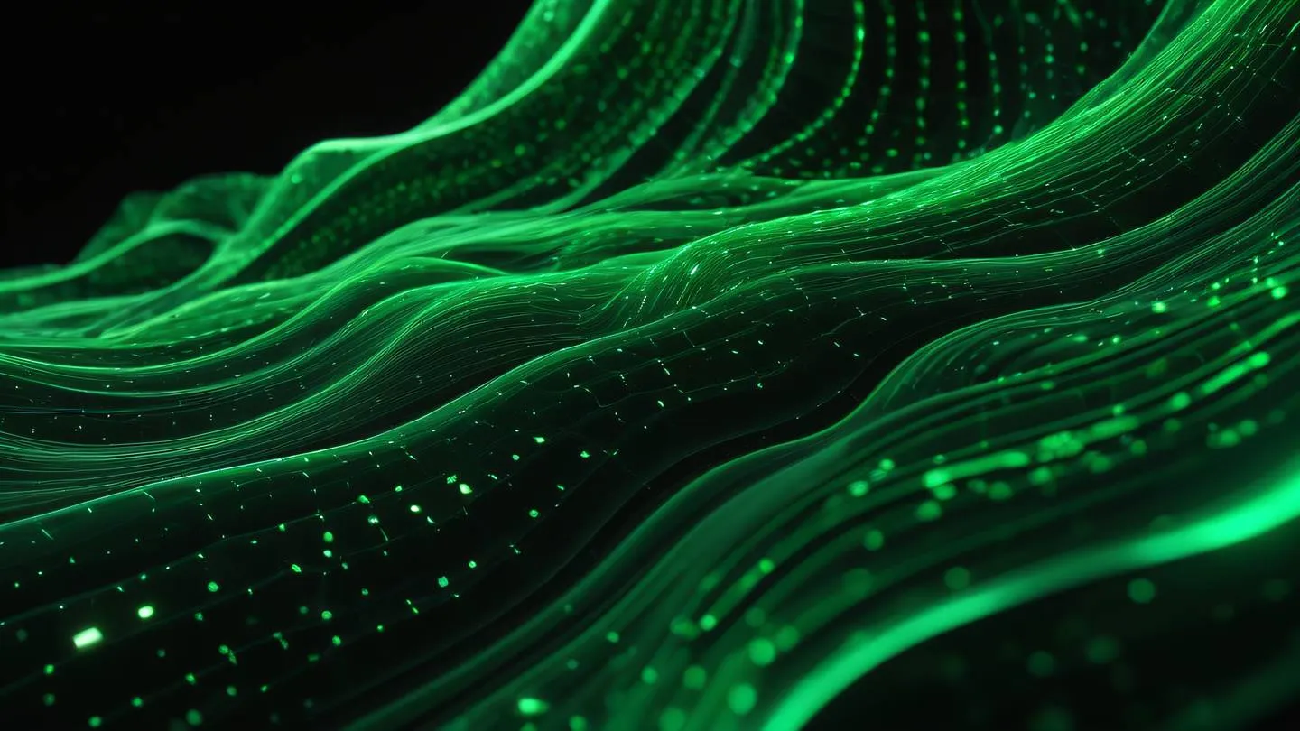 Abstract flowing patterns representing data transformation featuring bright green crystalline structures against black background side angle view high-quality ultra-realistic cinematic 8K UHD high resolution sharp and detail