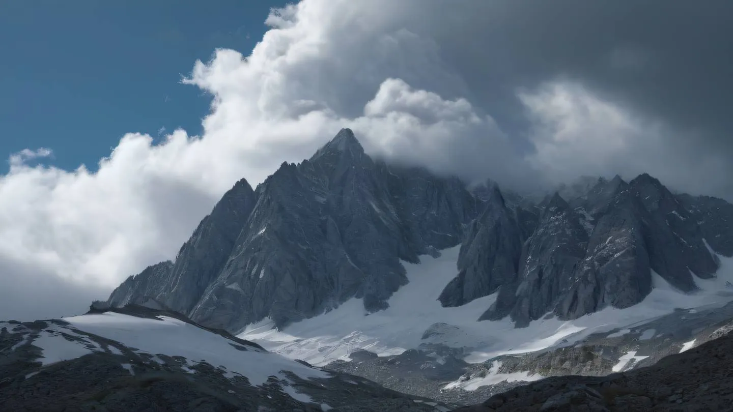 Rocky mountain peaks with dramatic silver clouds swirling around them captured from low angle view high-quality ultra-realistic cinematic 8K UHD high resolution sharp and detail