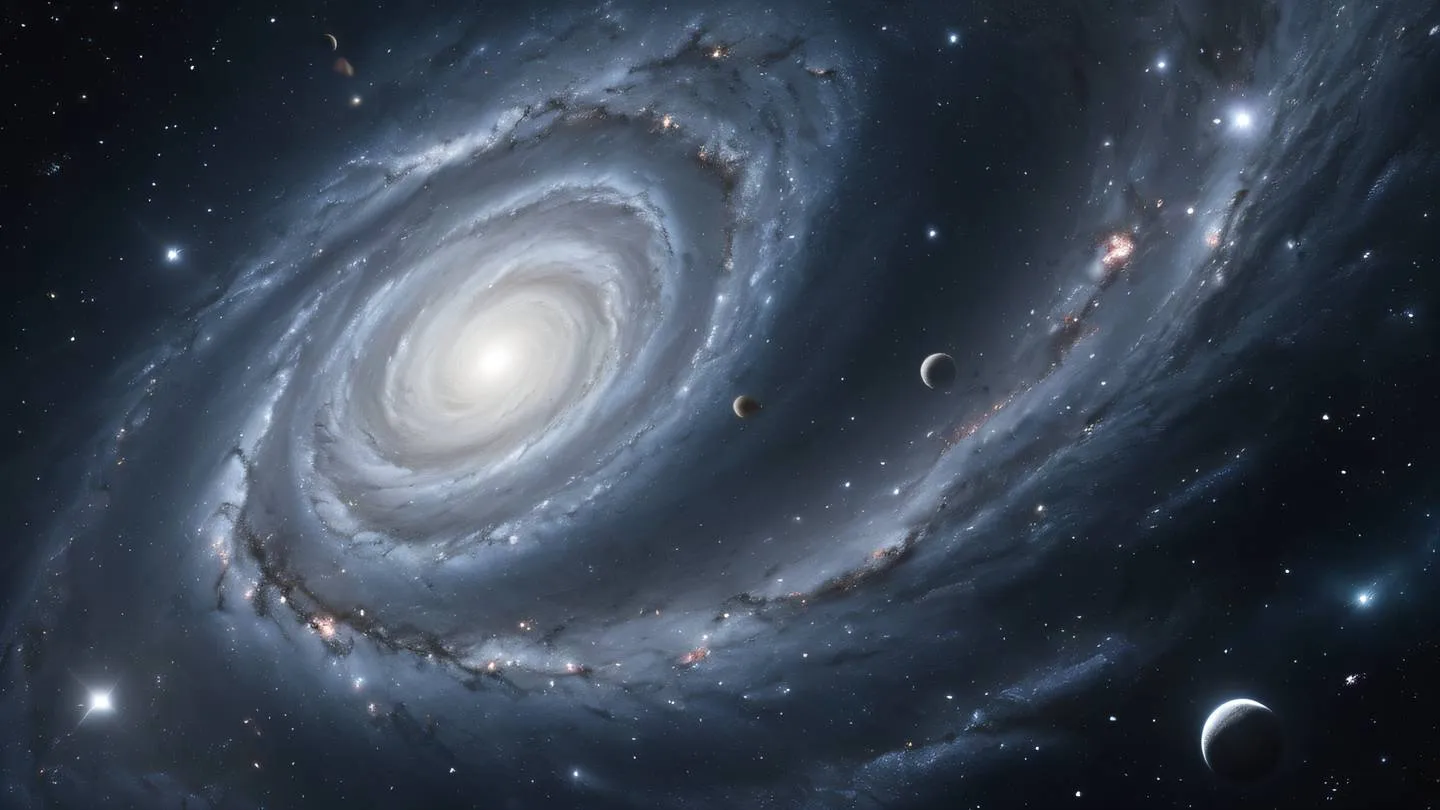 Abstract cosmic space art with swirling galaxies and nebulae in bright silver and gray tones captured from wide angle view high-quality ultra-realistic cinematic 8K UHD high resolution sharp and detail