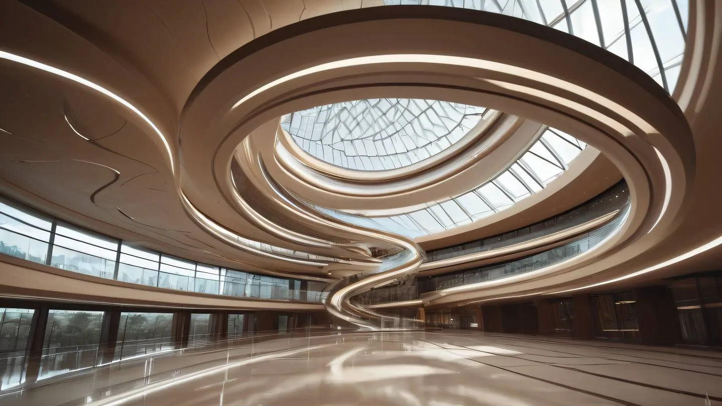 Futuristic architectural structure with flowing curves and geometric patterns featuring glass and metal elements in bright contemporary brown and cream tones shot from a dramatic upward angle with ultra-wide lens high-quality ultra-realistic cinematic 8K UHD high resolution sharp and detail