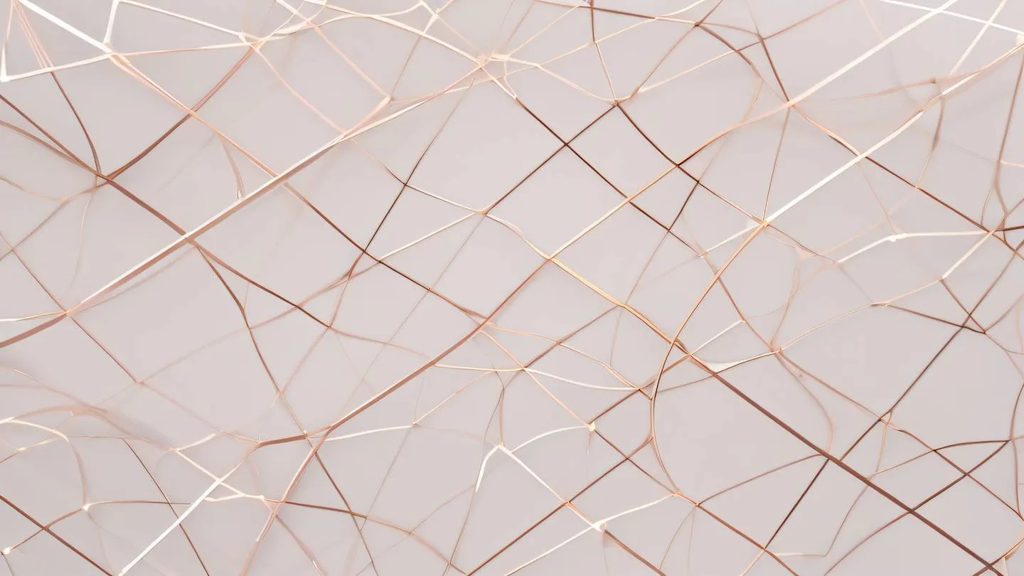 Abstract geometric composition of interconnected grid patterns and flowing lines featuring bright white and rose gold elements against a light background captured from a top-down perspective high-quality ultra-realistic cinematic 8K UHD high resolution sharp and detail