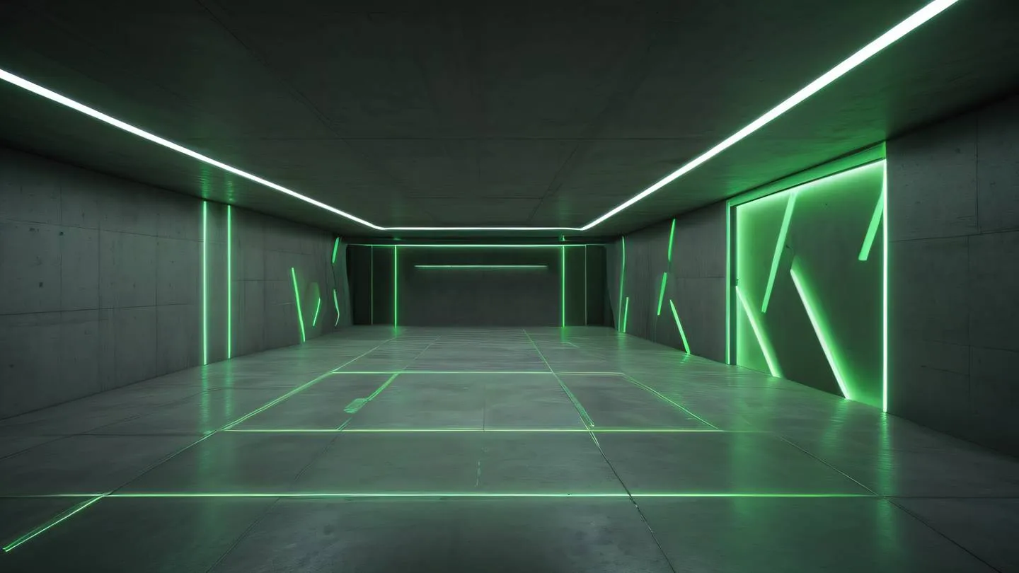 Modern concrete interior space with interconnected geometric patterns featuring dark green and neon green accent lighting photographed from a corner perspective with wide-angle lens high-quality ultra-realistic cinematic 8K UHD high resolution sharp and detail