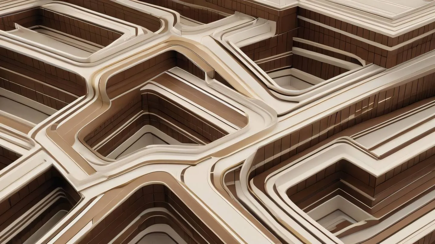 Aerial view of a modern architectural pattern with flowing lines and geometric shapes featuring bright contemporary brown and cream colors with subtle gold accents captured from directly above high-quality ultra-realistic cinematic 8K UHD high resolution sharp and detail