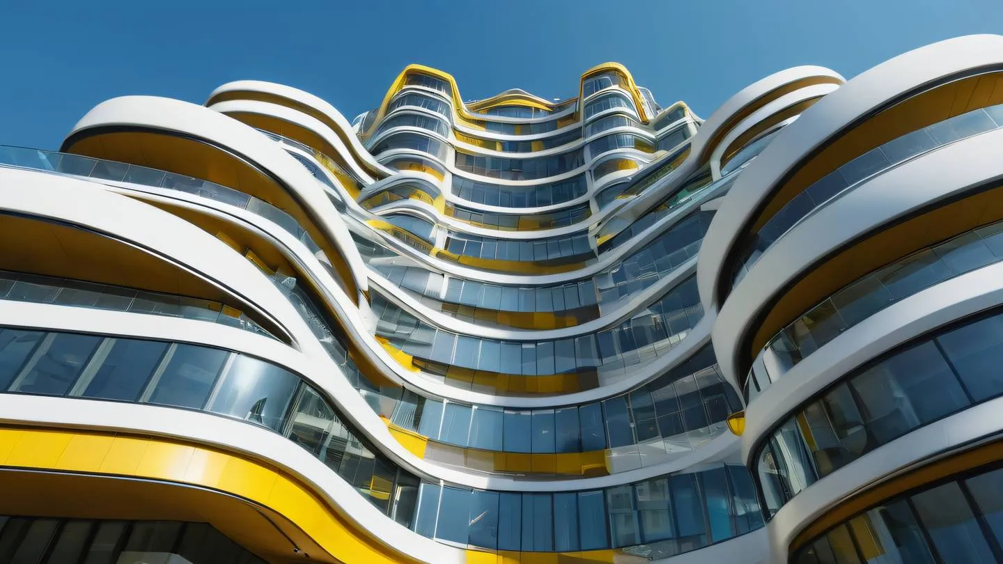 Futuristic modern building exterior with geometric patterns and glass facades featuring dramatic curves and floating sections color palette dominated by bright yellow and white accents shot from a low angle perspective with ultra wide lens high-quality ultra-realistic cinematic 8K UHD high resolution sharp and detail