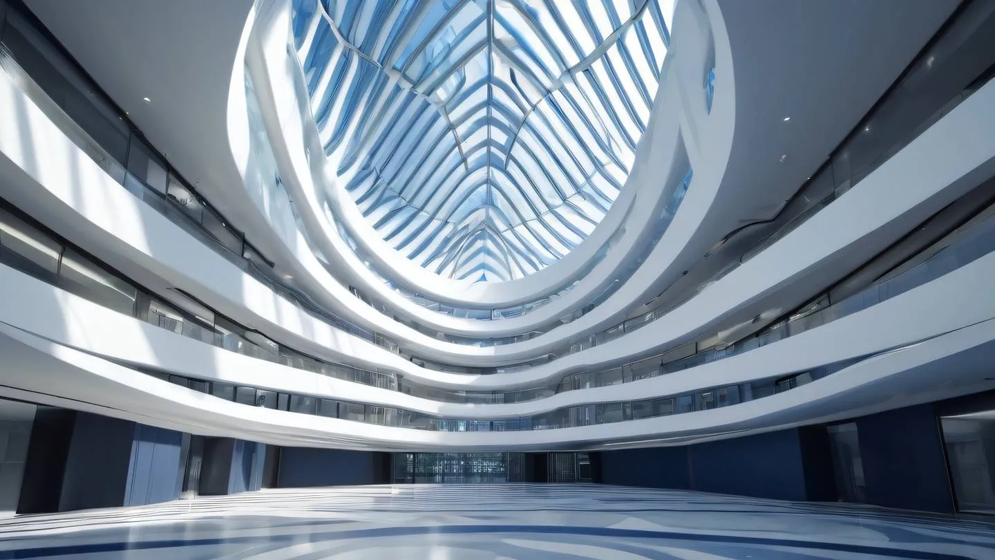 Abstract architectural interior with flowing curved walls and skylights featuring geometric patterns casting shadows dominated by navy blue and white tones captured from a centered perspective looking upward high-quality ultra-realistic cinematic 8K UHD high resolution sharp and detail