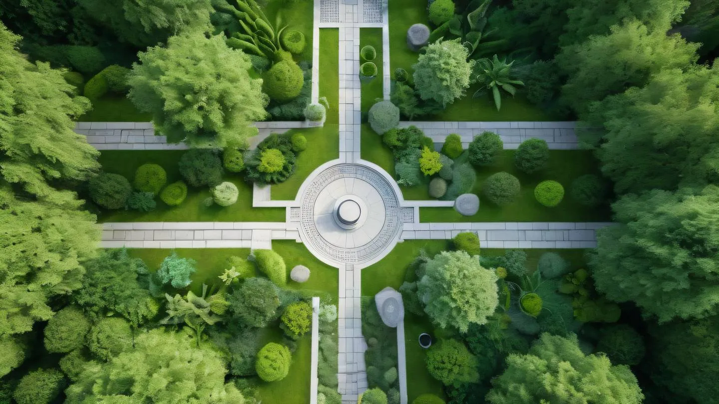 Aerial view of modern geometric garden layout with pathways and water features bright green vegetation patterns contrasting with light stone pathways captured from directly above with drone perspective high-quality ultra-realistic cinematic 8K UHD high resolution sharp and detail