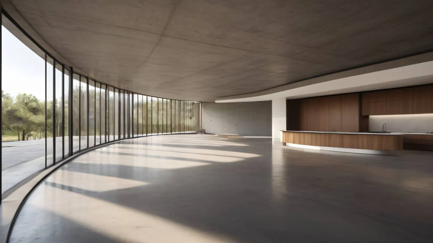 Modern minimalist concrete interior with sweeping curves and large windows warm walnut and iron color tones with natural light streaming in photographed from a corner angle showing depth and scale high-quality ultra-realistic cinematic 8K UHD high resolution sharp and detail