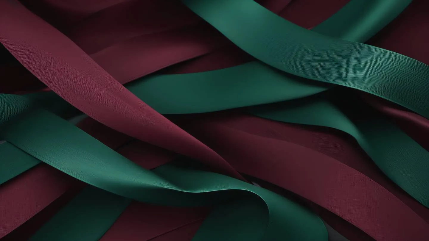 Smooth flowing gradient ribbons in maroon and seaweed green colors interweaving in an abstract pattern symbolizing flexibility and configuration high-quality ultra-realistic cinematic 8K UHD high resolution sharp and detail captured from a 45-degree angle