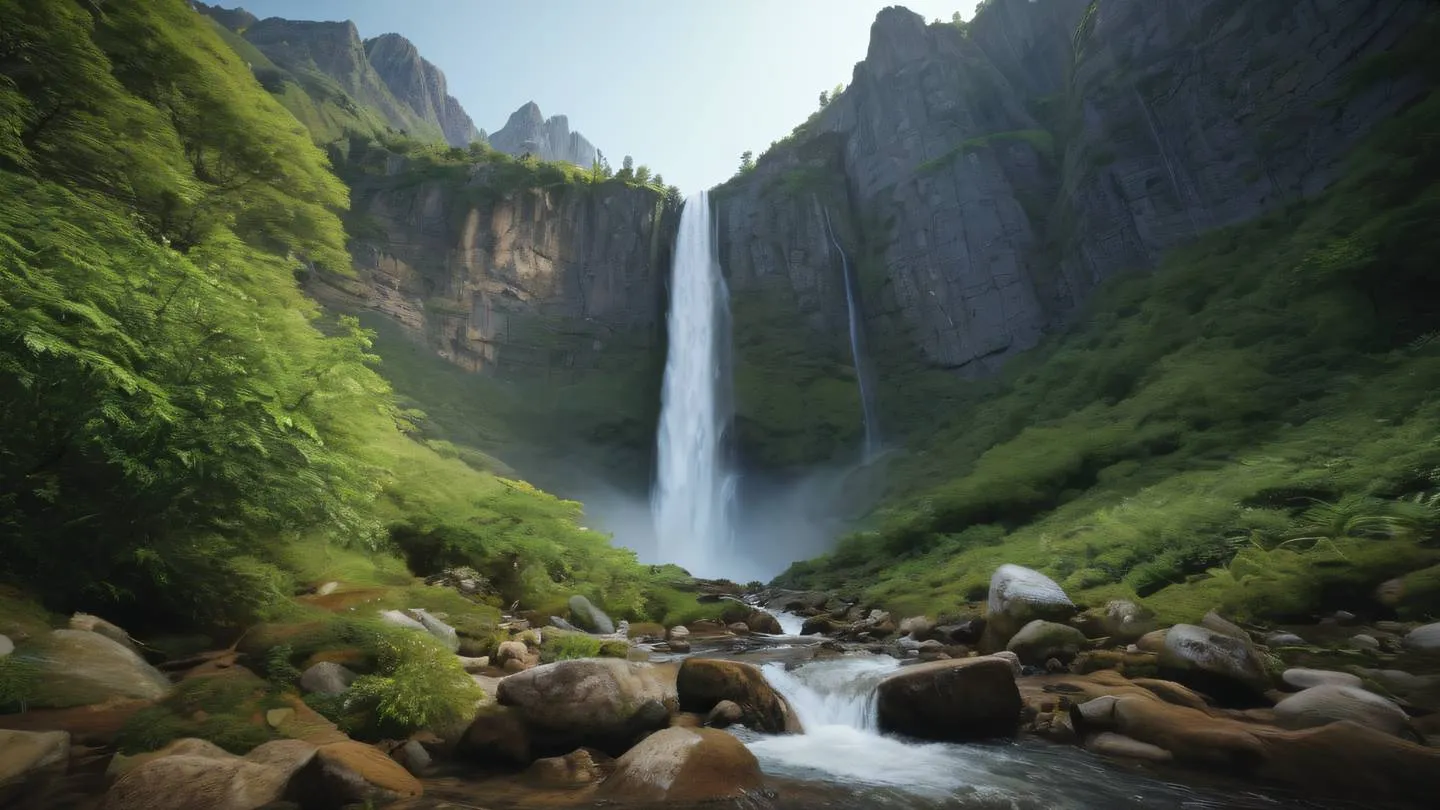 A serene mountain landscape with a cascading waterfall featuring bright natural greens and ochre colors in the foreground vegetation shot from a low angle perspective looking up at the mountain peak high-quality ultra-realistic cinematic 8K UHD high resolution sharp and detail