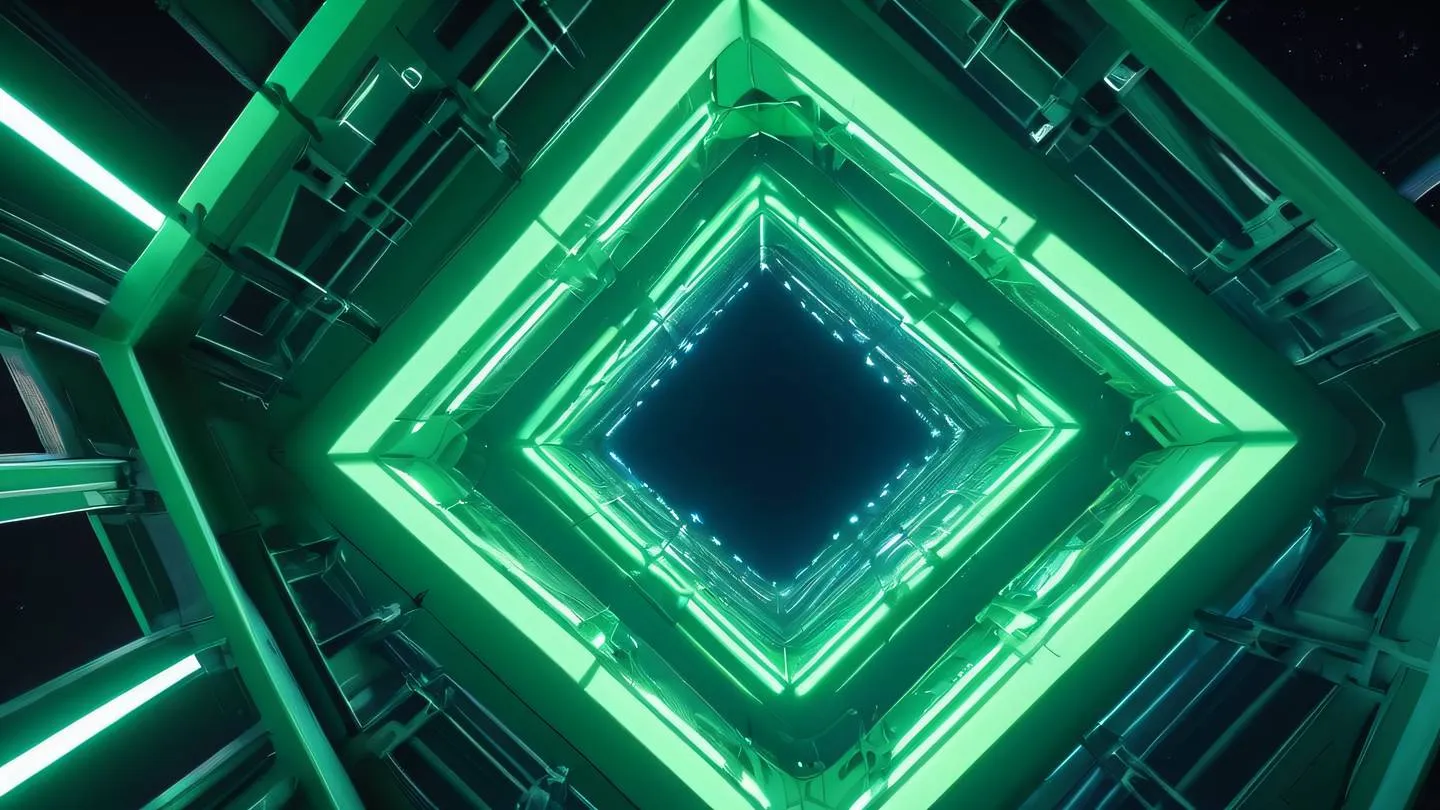 Futuristic architectural structure with interconnected geometric shapes floating in space dominated by fluorescent green and sapphire blue gradients viewed from a dramatic upward angle high-quality ultra-realistic cinematic 8K UHD high resolution sharp and detail