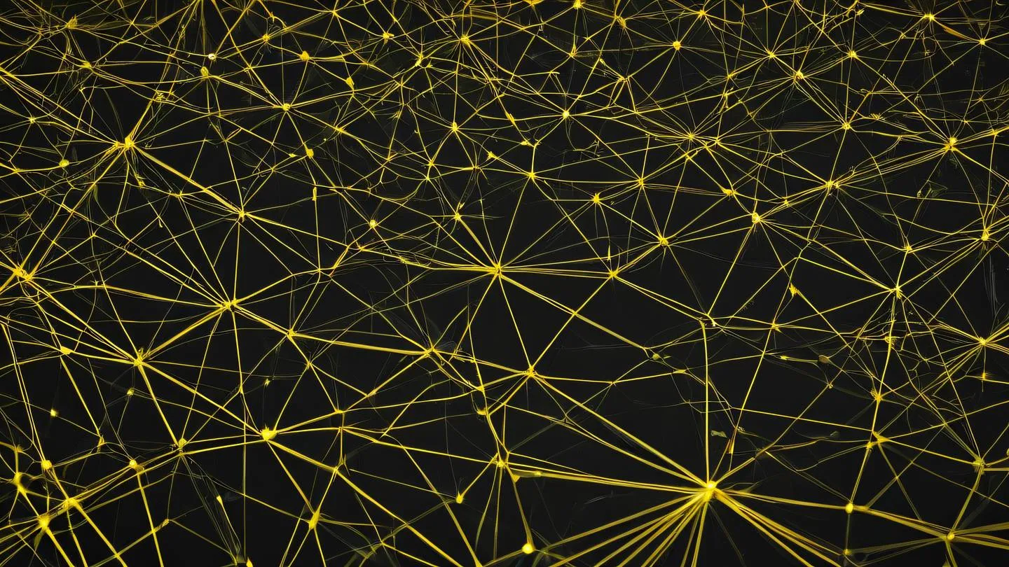 Abstract geometric patterns of interconnected nodes and lines representing network connectivity featuring sunshine yellow and off-black color scheme captured from a top-down perspective high-quality ultra-realistic cinematic 8K UHD high resolution sharp and detail