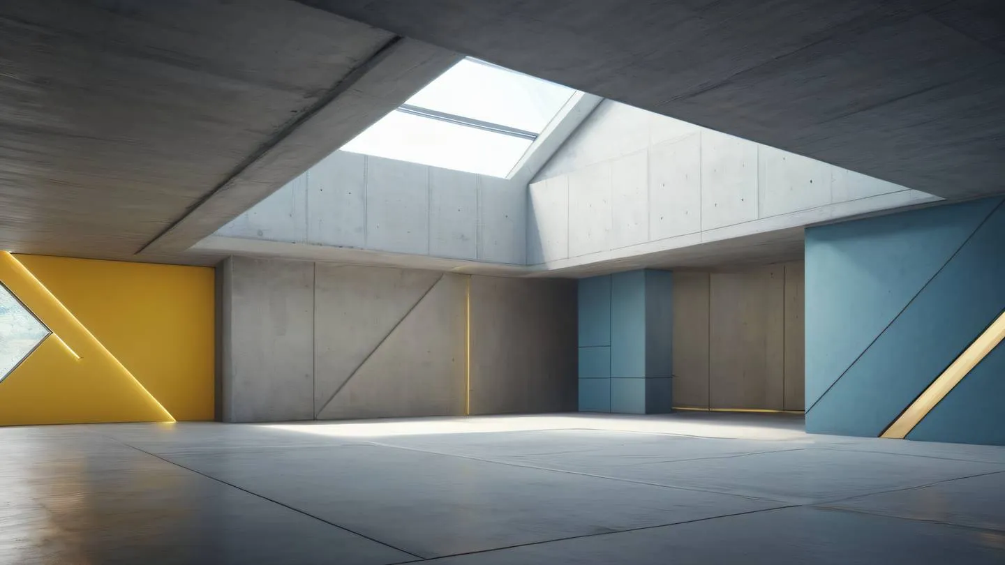 Modern concrete interior space with floating geometric shapes and light beams featuring canary yellow and dusty blue accents shot from a diagonal perspective high-quality ultra-realistic cinematic 8K UHD high resolution sharp and detail