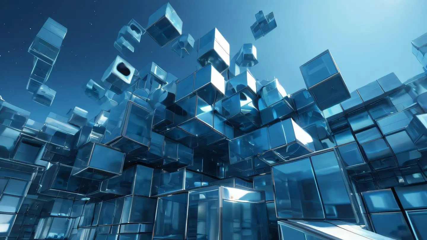 Abstract fluid art representation of modular building blocks floating in space bright zinc metallic and sky blue color scheme camera angle: straight-on perspective high-quality ultra-realistic cinematic 8K UHD high resolution sharp and detail