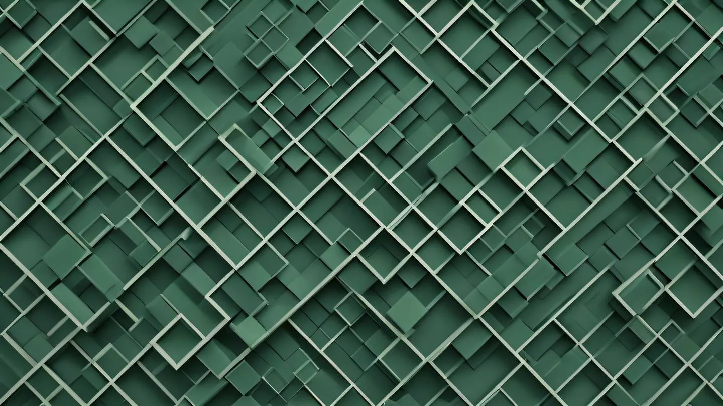 Geometric abstract composition featuring interconnected squares and rectangles in sage and pine green tones arranged in a grid-like pattern photographed from a 45-degree angle high-quality ultra-realistic cinematic 8K UHD high resolution sharp and detail