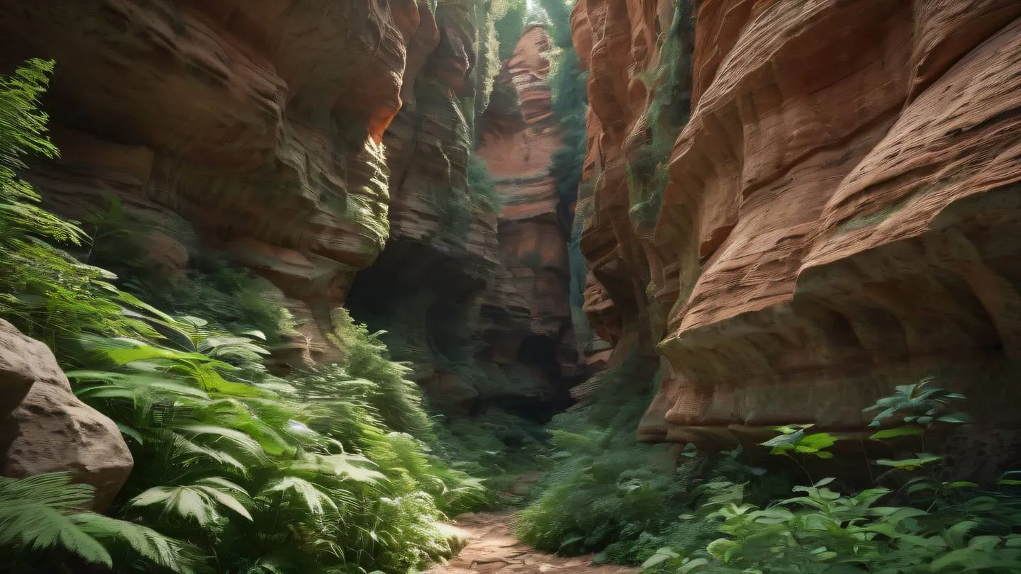 Natural rock formations with layered textures in rustic terracotta and forest green colors shot from a ground-up perspective emphasizing natural patterns and shadows high-quality ultra-realistic cinematic 8K UHD high resolution sharp and detail