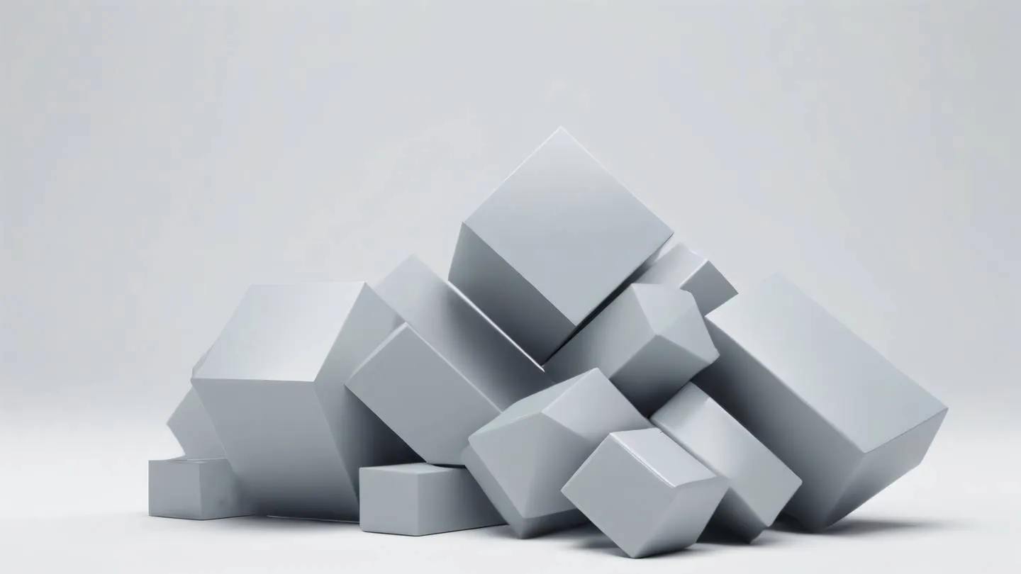 Minimalist composition of floating zinc gray geometric shapes against white background representing responsive layout blocks. Captured from 45-degree angle. high-quality ultra-realistic cinematic 8K UHD high resolution sharp and detail