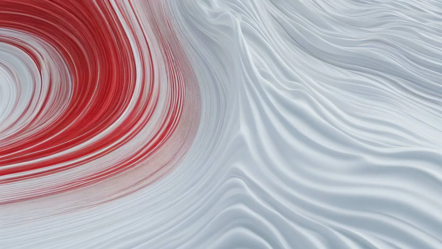 Flowing abstract waves and curves representing harmony and integration aerial top-down view color palette: white and red with gentle gradients high-quality ultra-realistic cinematic 8K UHD high resolution sharp and detail