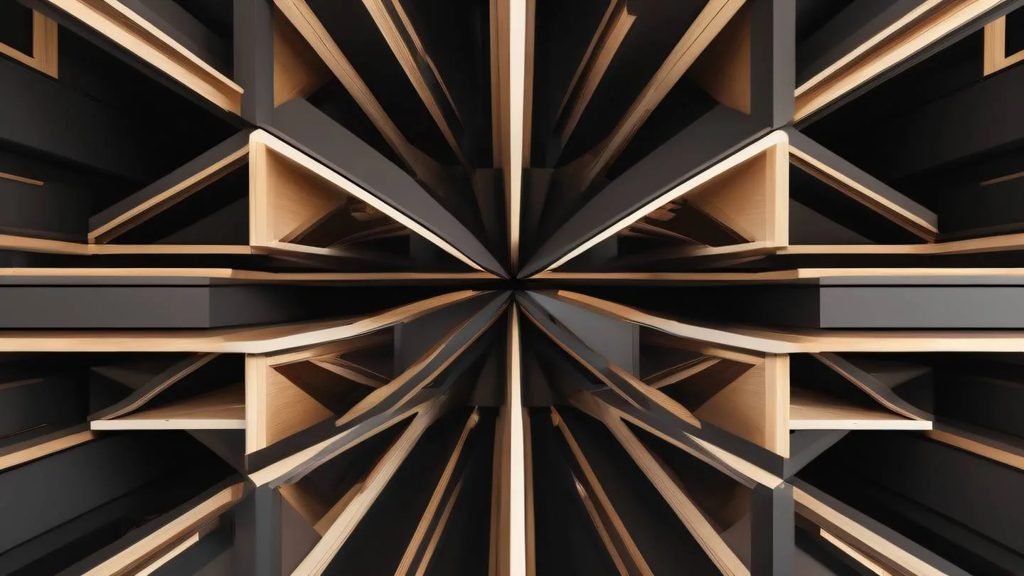 Abstract geometric architectural composition showing interconnected modular elements straight-on perspective color palette: Dark Academia tones with warm woods and cream accents high-quality ultra-realistic cinematic 8K UHD high resolution sharp and detail