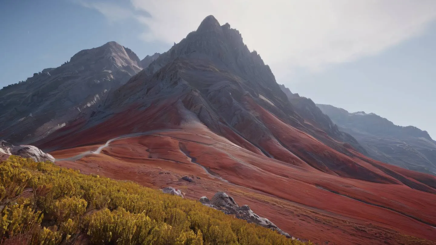 Serene mountain landscape with layered elements representing structured design featuring perfect red ochre and grapeseed colors. Shot from a low angle perspective. high-quality ultra-realistic cinematic 8K UHD high resolution sharp and detail