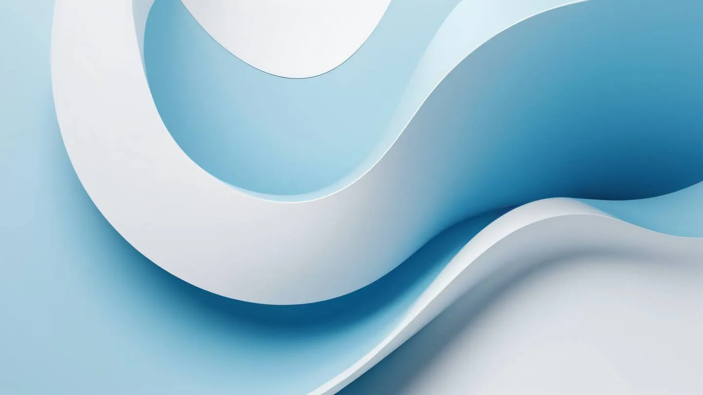 A minimalist abstract composition featuring flowing geometric shapes and curves dominated by cool blues and crisp whites. Camera angle: top-down aerial view. Style: high-quality ultra-realistic cinematic 8K UHD high resolution sharp and detail