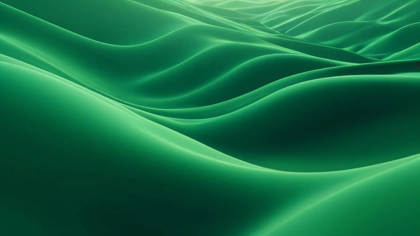 An abstract landscape with flowing emerald green gradients and gentle curves representing harmony and balance. Camera angle: low angle perspective shot. Style: high-quality ultra-realistic cinematic 8K UHD high resolution sharp and detail