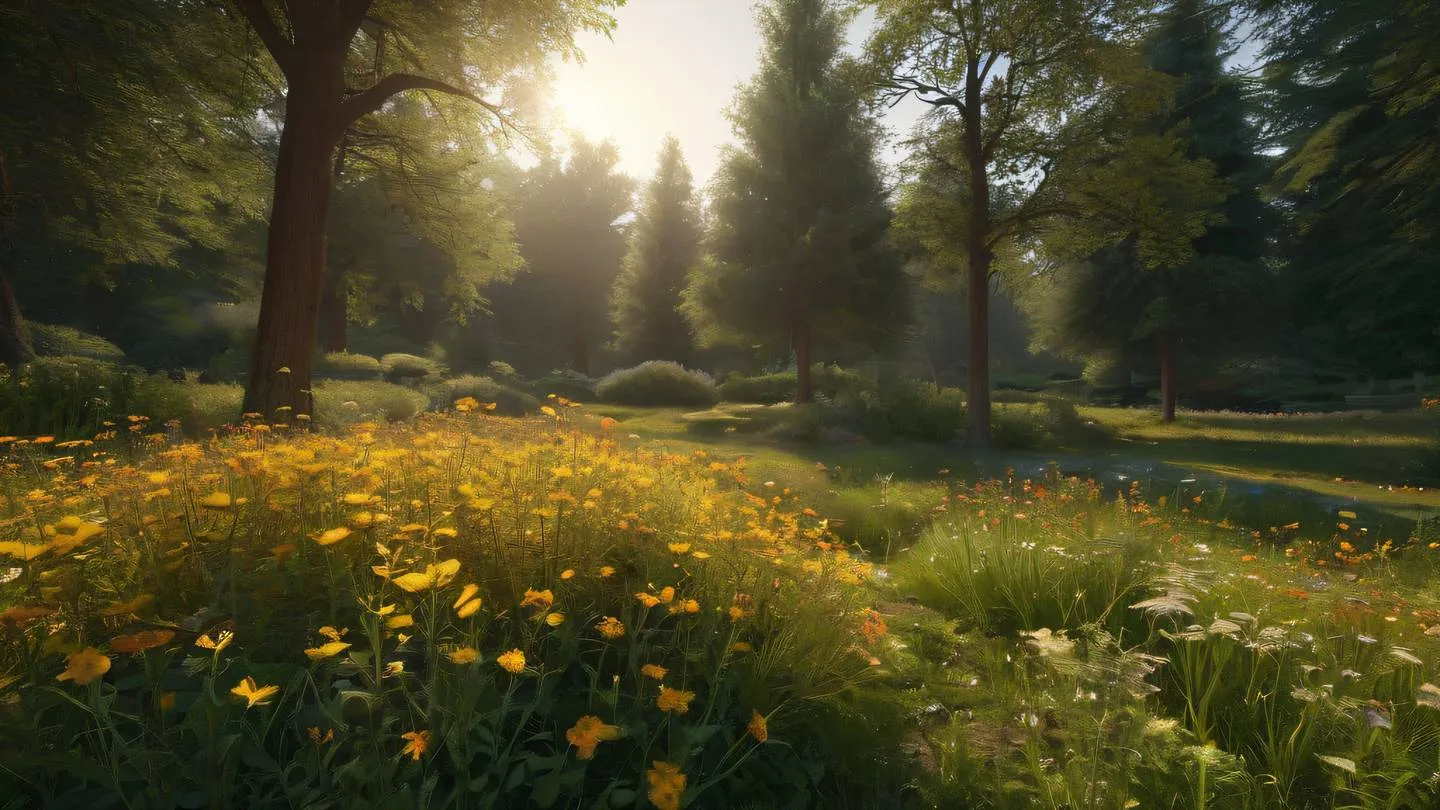 A serene garden scene with amber-colored wildflowers and golden light streaming through trees. Camera angle: wide angle landscape shot. Style: high-quality ultra-realistic cinematic 8K UHD high resolution sharp and detail