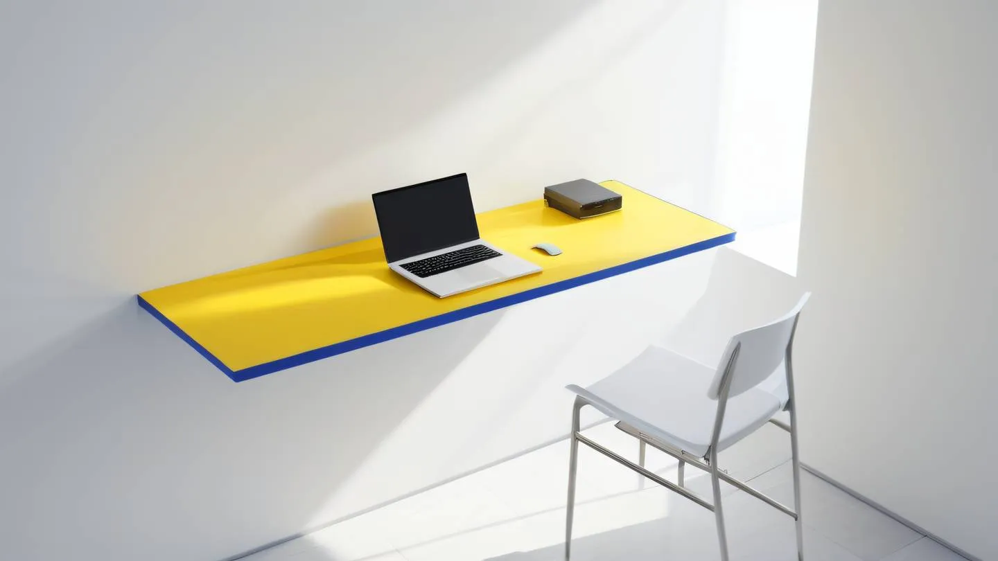 A modern minimalist workspace with a floating desk against a clean white wall featuring geometric patterns casting shadows shot from a 45-degree angle above colors: bright yellow and cobalt blue accents against white background high-quality ultra-realistic cinematic 8K UHD high resolution sharp and detail