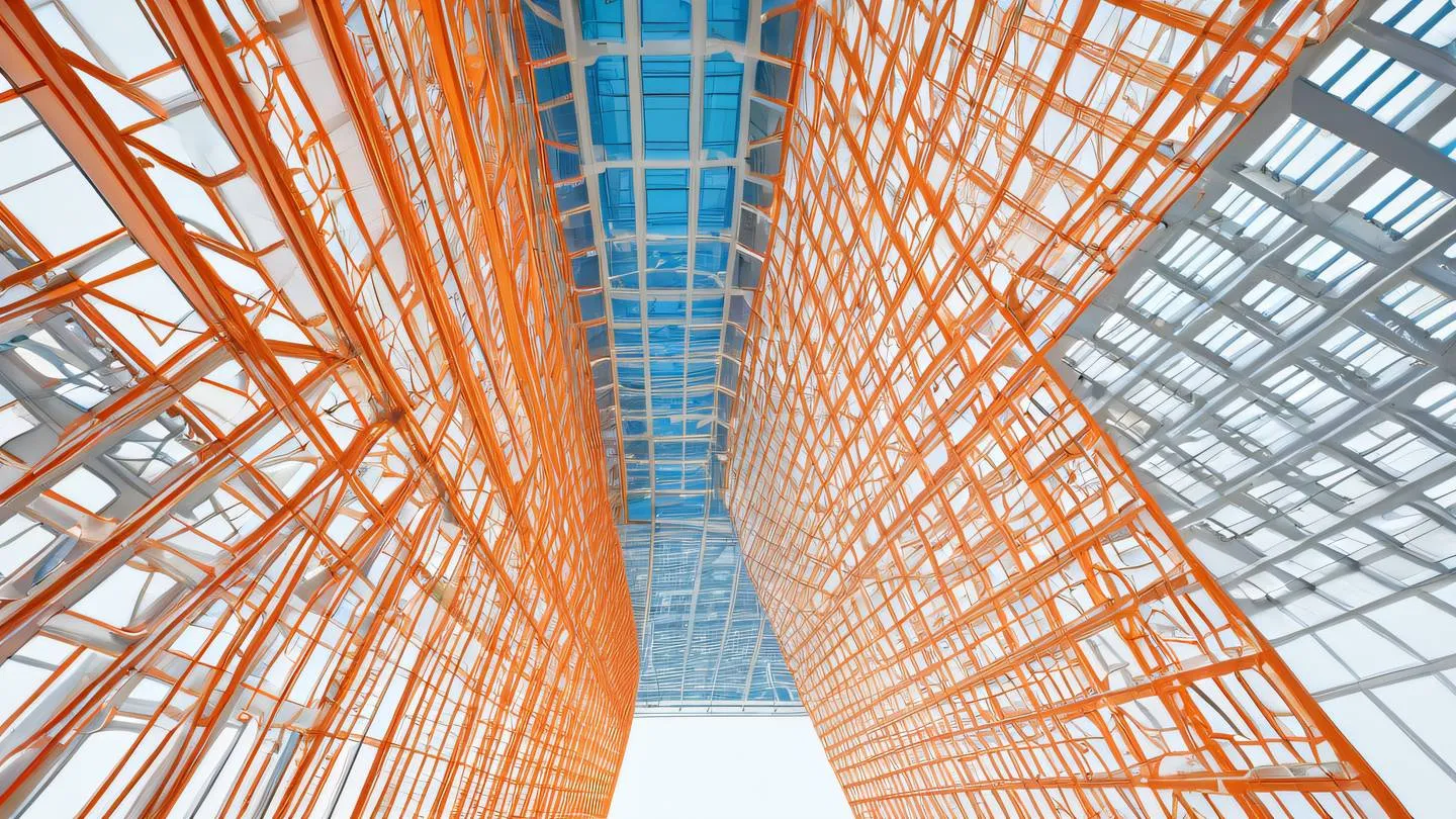 Architectural structure with interconnected geometric shapes and lines viewed from a low angle colors: minimalist orange and blue gradient mesh against white background high-quality ultra-realistic cinematic 8K UHD high resolution sharp and detail