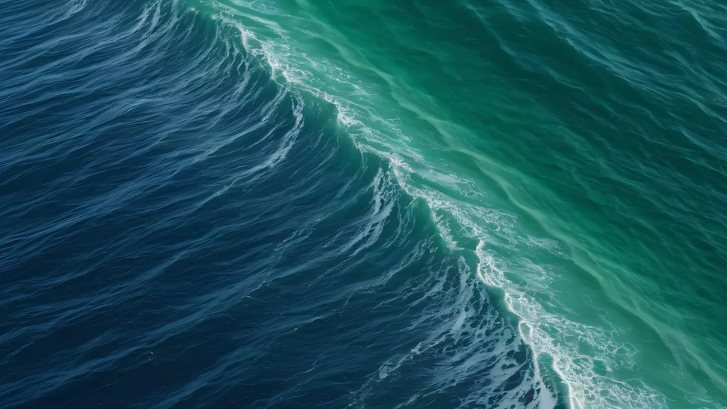 Abstract flowing waves representing harmony and organization featuring indigo and silver gradients with subtle bright green accents captured from bird's eye view ocean waves texture high-quality ultra-realistic cinematic 8K UHD high resolution sharp and detail