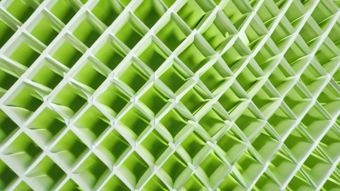 Aerial view of interconnected geometric patterns forming a structured grid system featuring bright lime green gradients against white background shot from directly above with sharp shadows casting organized patterns high-quality ultra-realistic cinematic 8K UHD high resolution sharp and detail