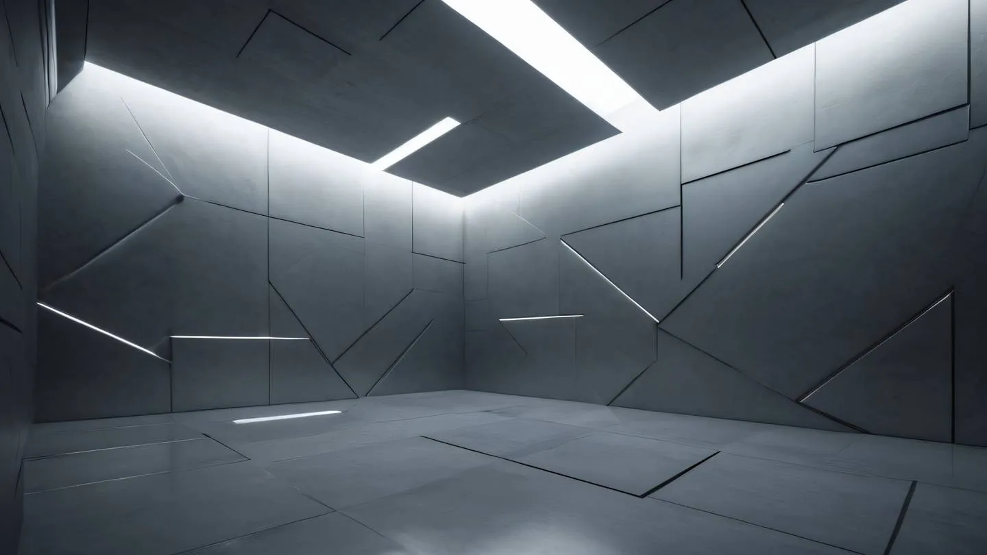 Modern minimalist interior space with floating geometric shapes featuring metallic zinc-colored surfaces reflecting light captured at a 45-degree angle with dramatic lighting high-quality ultra-realistic cinematic 8K UHD high resolution sharp and detail