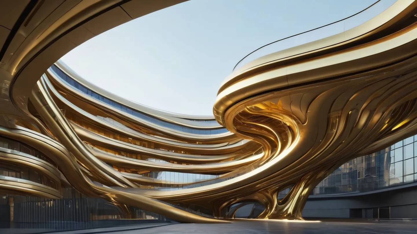 Futuristic architectural structure with flowing curves and clean lines dominated by brilliant gold metallic surfaces photographed from a low angle perspective looking up high-quality ultra-realistic cinematic 8K UHD high resolution sharp and detail