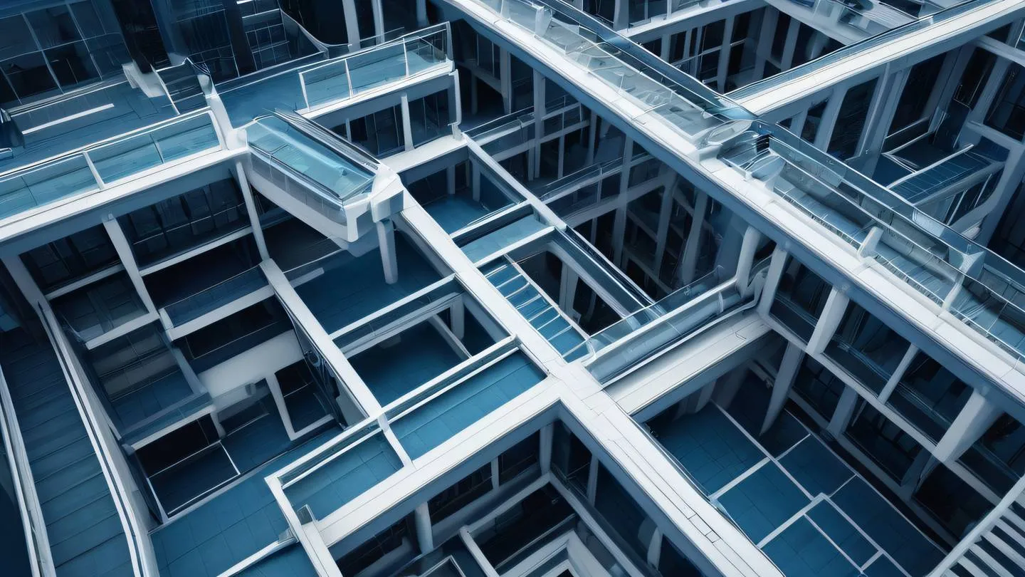 Top-down view of abstract architectural spaces with multiple levels and interconnected walkways featuring deep ocean blue tones with white accents captured from a bird's eye view perspective high-quality ultra-realistic cinematic 8K UHD high resolution sharp and detail