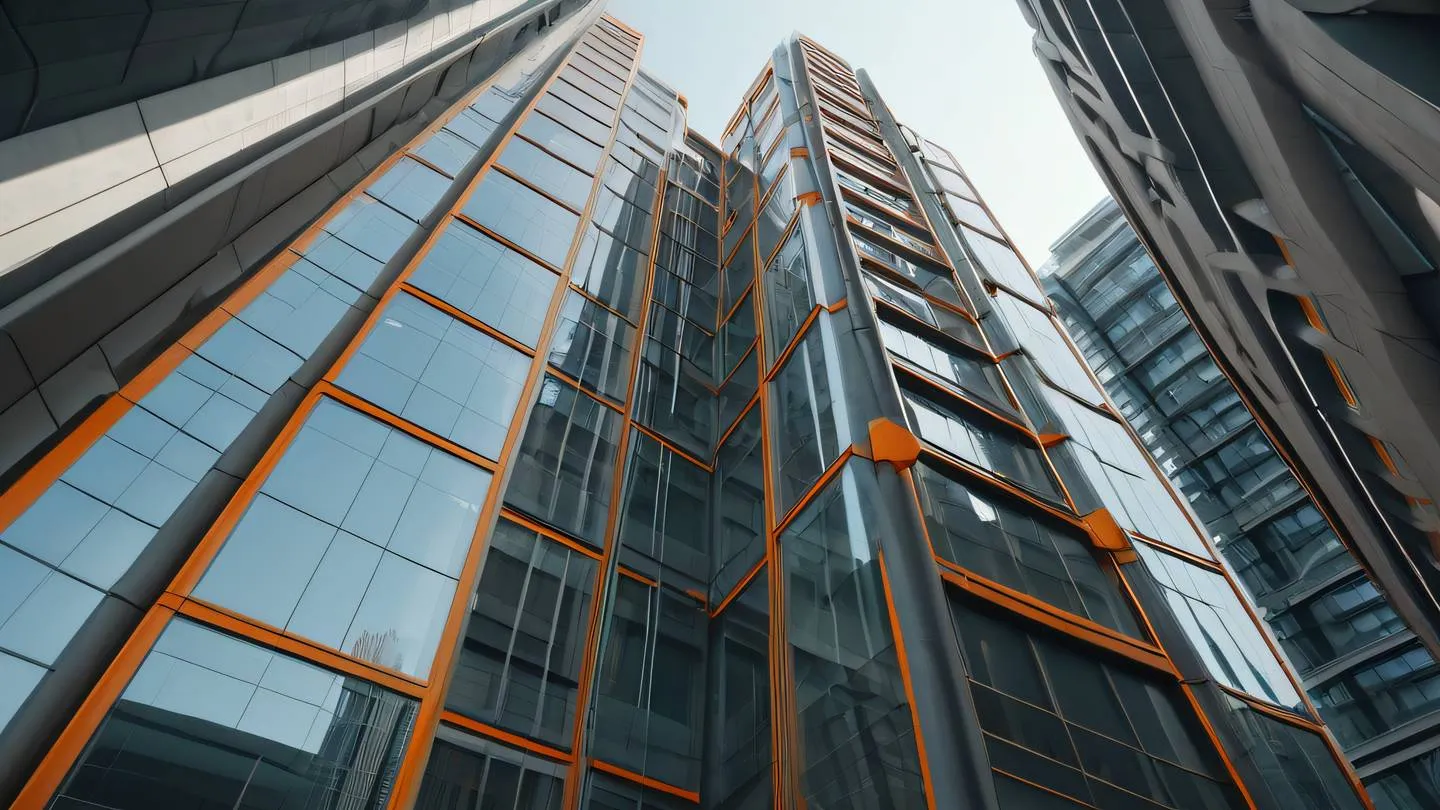 A futuristic modern architecture building with clean geometric shapes and glass facades featuring bright clay and orange tones reflected in its surfaces shot from a dramatic upward angle perspective high-quality ultra-realistic cinematic 8K UHD high resolution sharp and detail