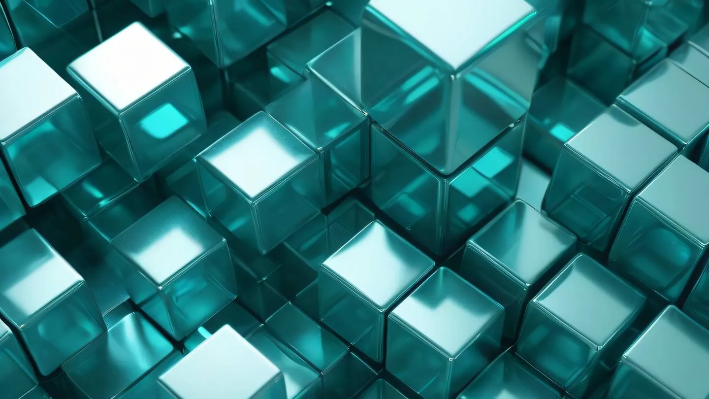 Abstract geometric composition with floating cubes and spheres in holographic silver and teal colors captured from a top-down perspective high-quality ultra-realistic cinematic 8K UHD high resolution sharp and detail