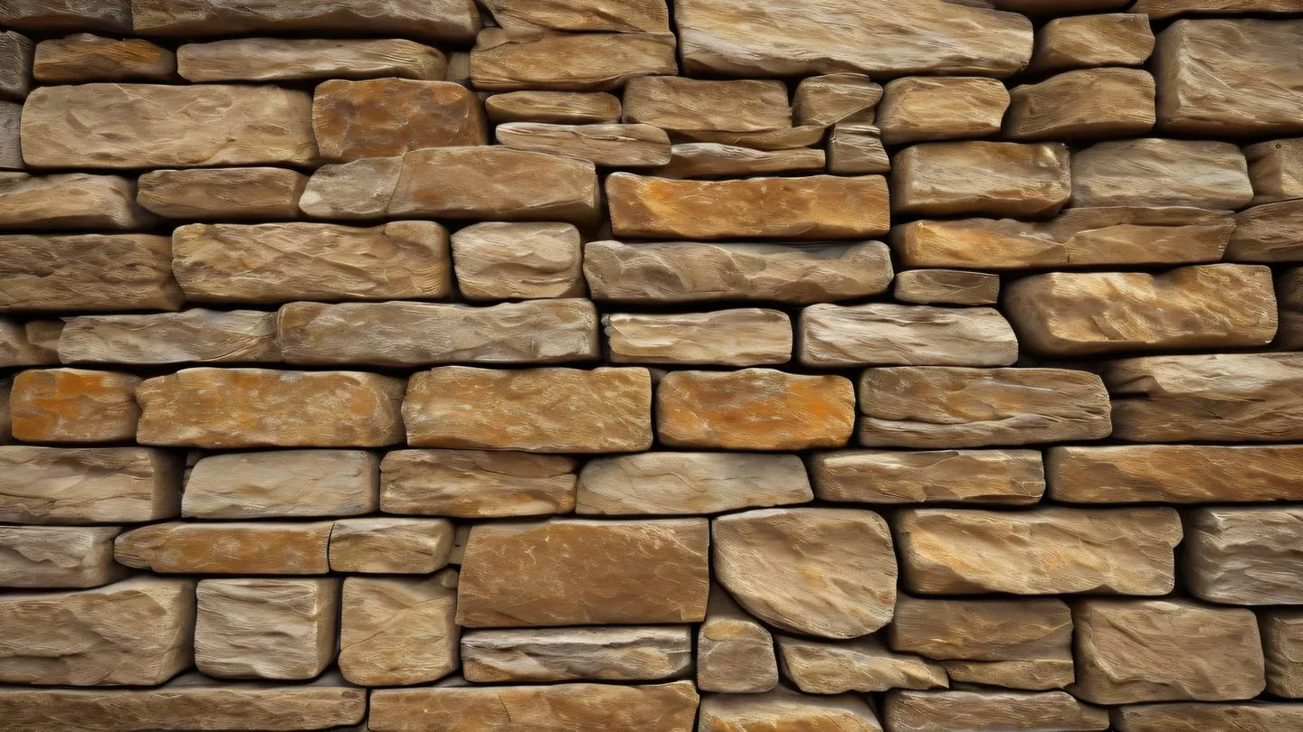 Natural stone wall texture with intricate patterns in warm amber and golden tones shot from a straight-on close-up perspective high-quality ultra-realistic cinematic 8K UHD high resolution sharp and detail