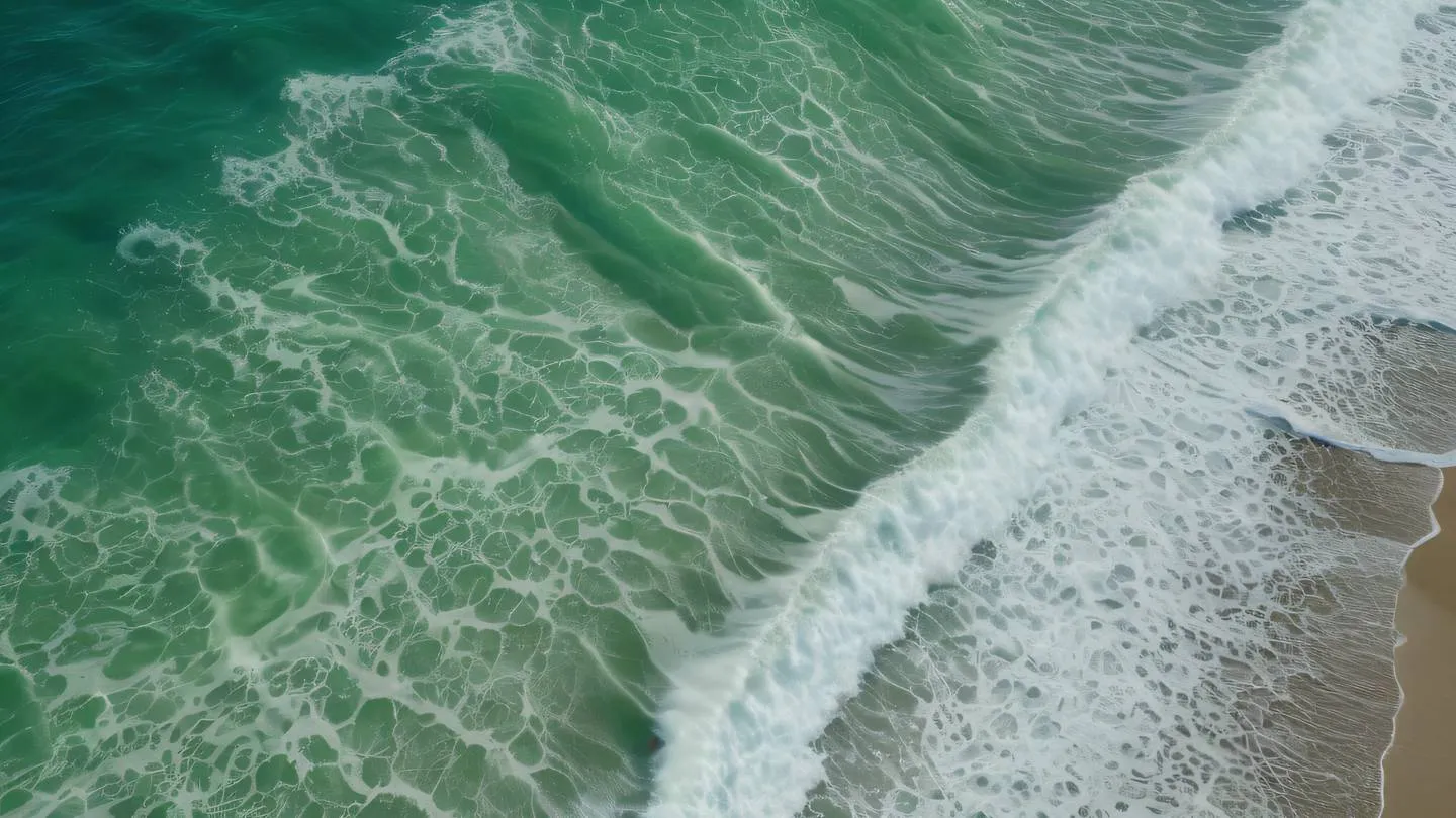 Natural beach waves creating organic patterns with neon green and off-white foam textures shot from aerial perspective high-quality ultra-realistic cinematic 8K UHD high resolution sharp and detail