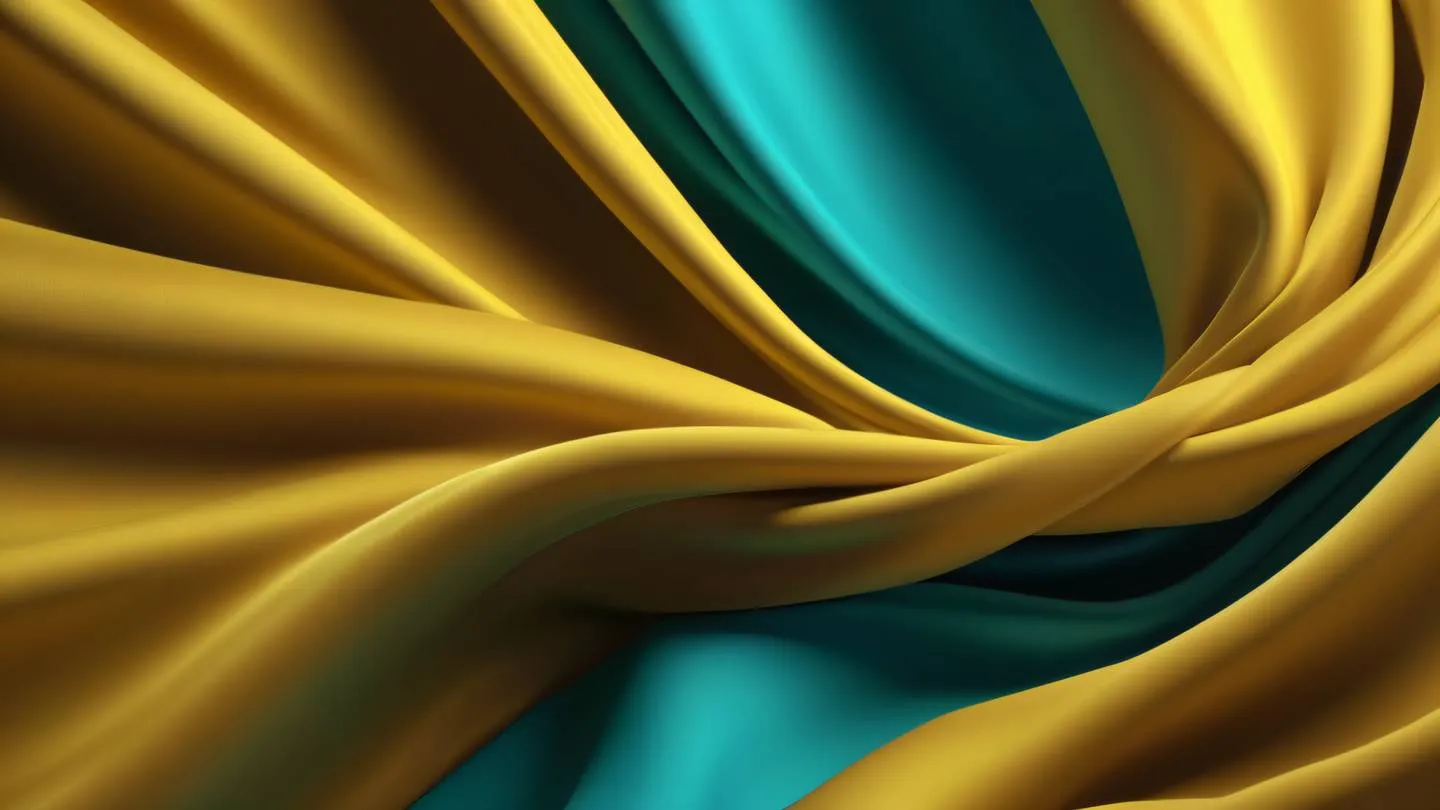 Elegant flowing fabric in bright turquoise and golden yellow creating dynamic waves and folds photographed from a 45-degree angle with dramatic lighting high-quality ultra-realistic cinematic 8K UHD high resolution sharp and detail