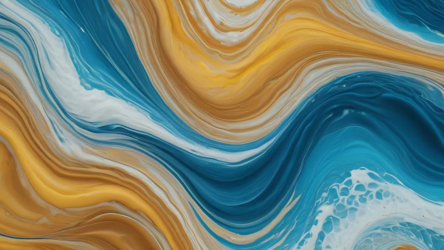 Abstract fluid art with flowing butterscotch yellow and ocean blue waves creating dynamic patterns captured from top-down aerial view high-quality ultra-realistic cinematic 8K UHD high resolution sharp and detail