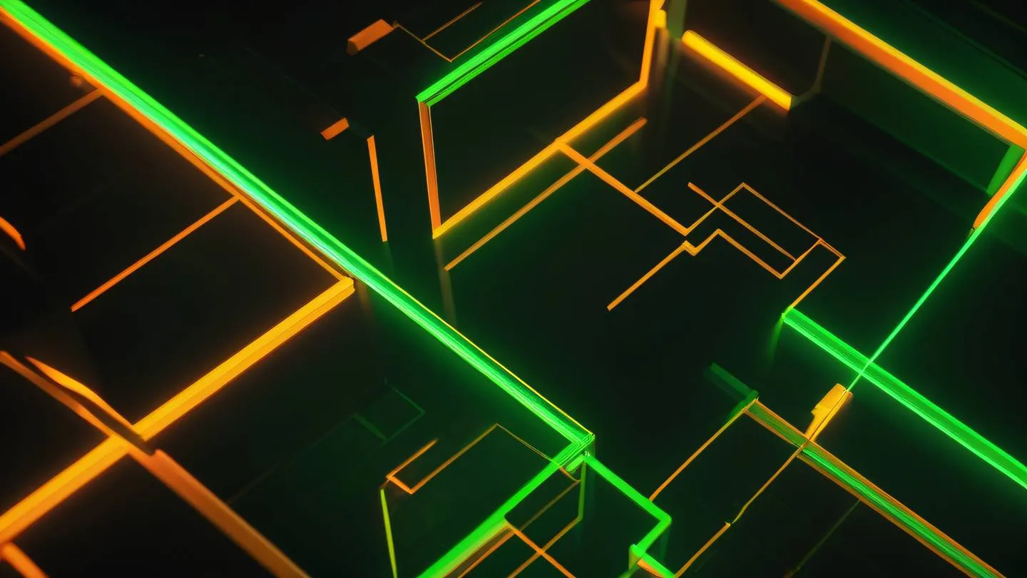 Minimalist geometric shapes in bright neon green and orange forming an abstract composition shot from a 45-degree angle high-quality ultra-realistic cinematic 8K UHD high resolution sharp and detail