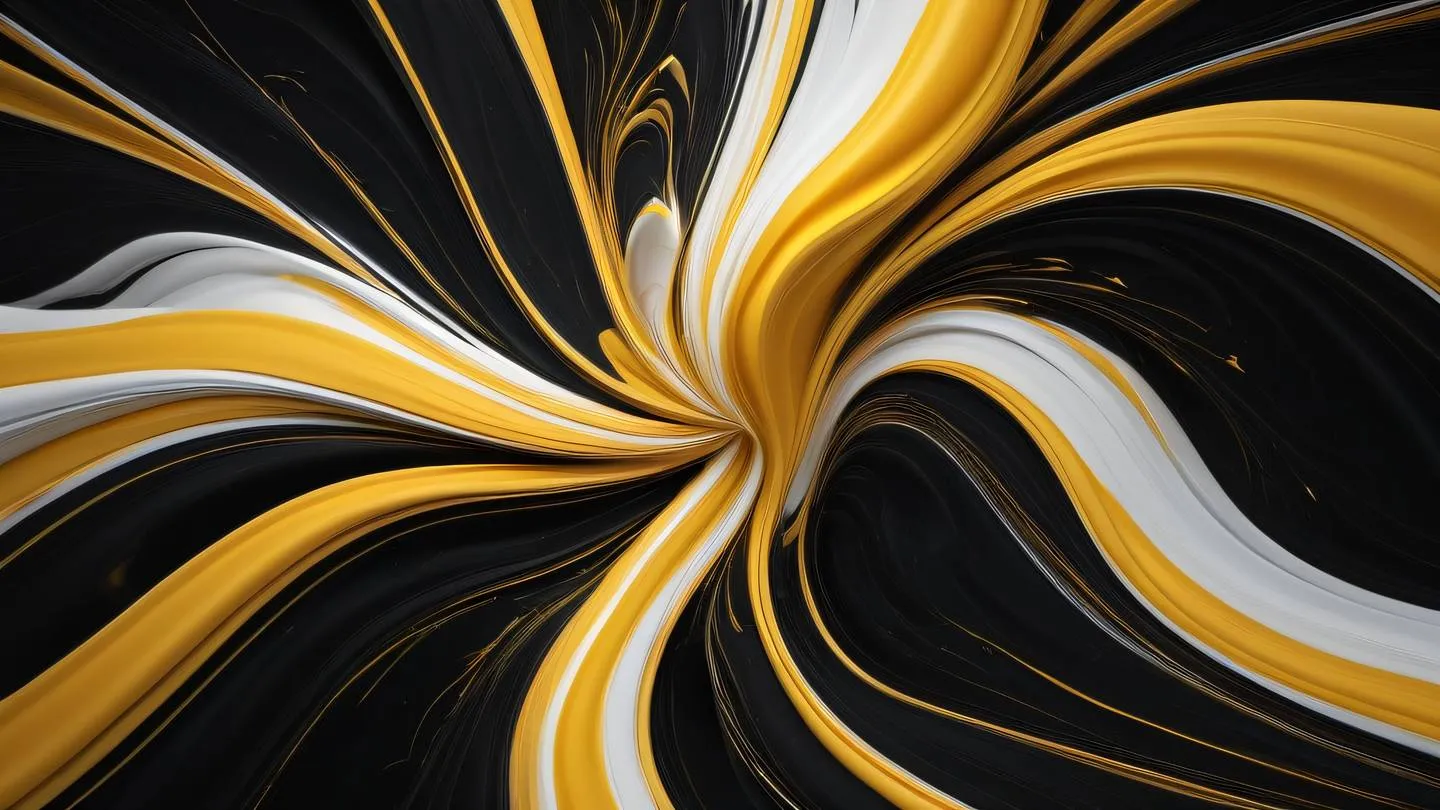 Dynamic abstract composition with flowing butterscotch yellow and bright white creating energetic patterns against a black background captured from a birds-eye view high-quality ultra-realistic cinematic 8K UHD high resolution sharp and detail