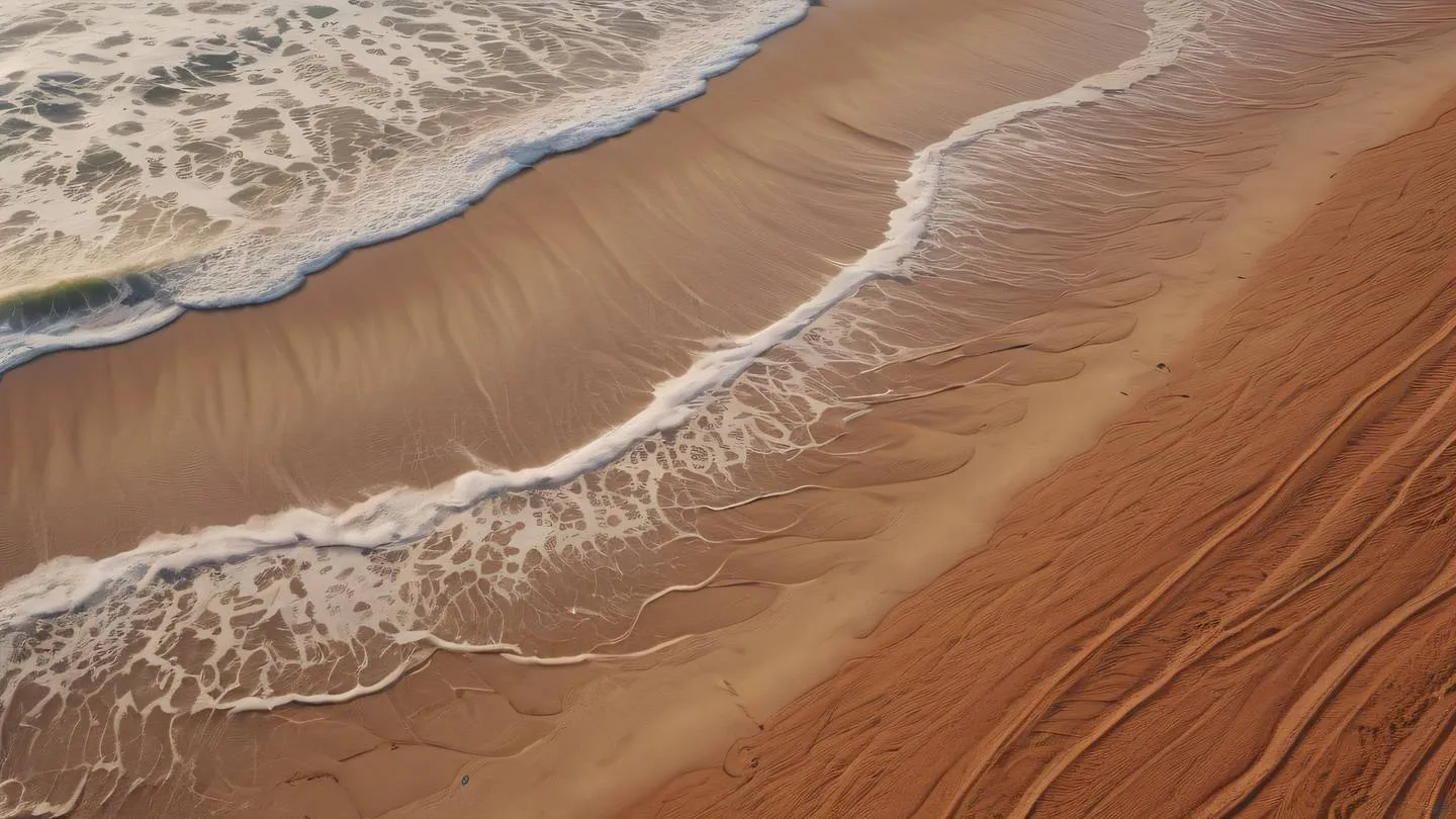 Organic beach waves and sand patterns with rustic terracotta and grapeseed colors blending naturally shot from a bird's eye view perspective high-quality ultra-realistic cinematic 8K UHD high resolution sharp and detail