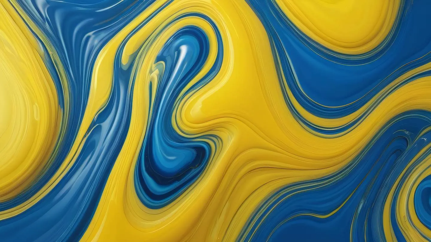 Abstract fluid art with flowing shapes in sunshine yellow and sapphire blue creating a dynamic interplay of bright colors against a clean background overhead camera angle high-quality ultra-realistic cinematic 8K UHD high resolution sharp and detail