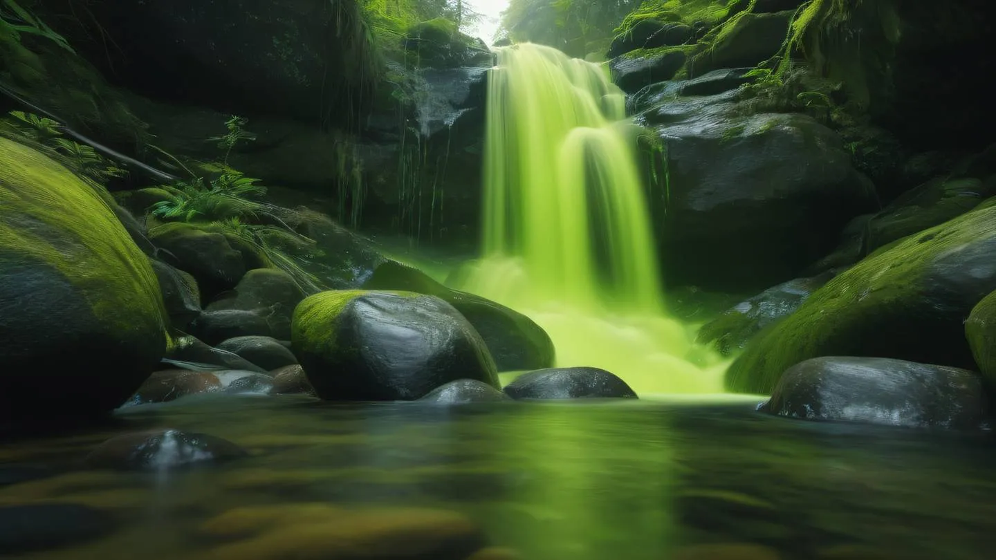 Flowing water cascading over smooth rocks captured in fluorescent green and canary yellow tones creating natural gradient effects low angle shot high-quality ultra-realistic cinematic 8K UHD high resolution sharp and detail