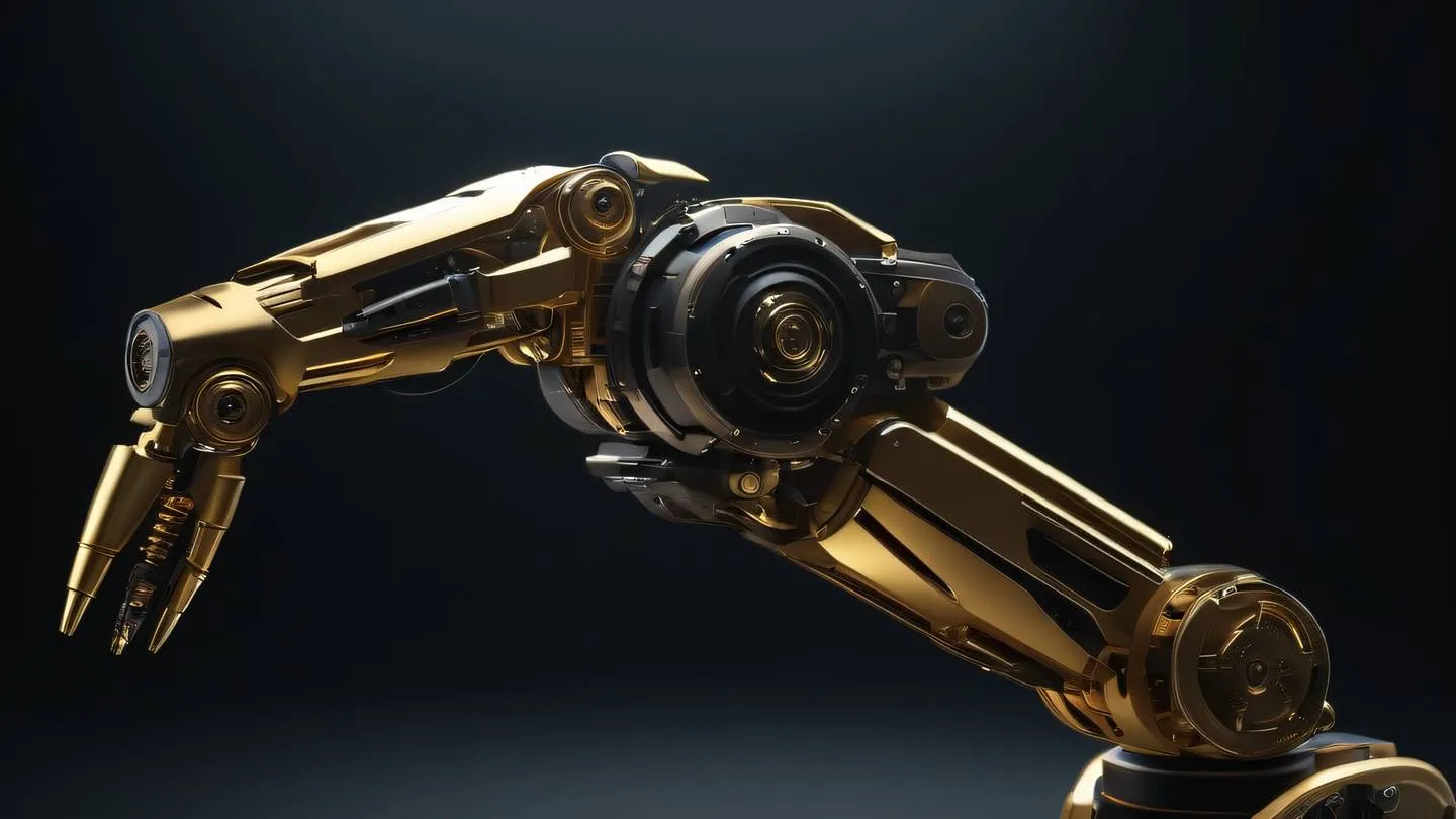 A futuristic robot arm smoothly moving in a precise motion surrounded by bright gold mechanical components against a dark background captured from a side angle view high-quality ultra-realistic cinematic 8K UHD high resolution sharp and detail