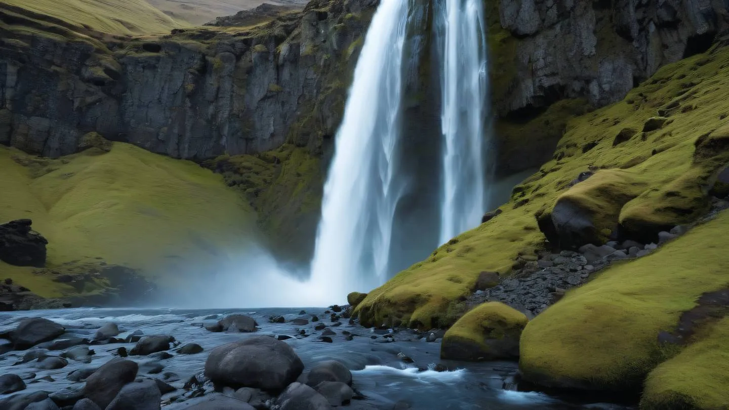 Icelandic waterfall with smooth flowing water cascading over bright zinc-colored rocks low angle shot capturing the motion blur of water high-quality ultra-realistic cinematic 8K UHD high resolution sharp and detail